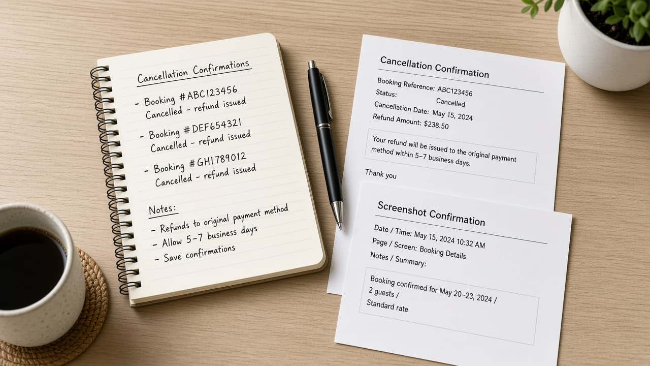 Notebook with subscription cancel confirmations and balance screenshots
