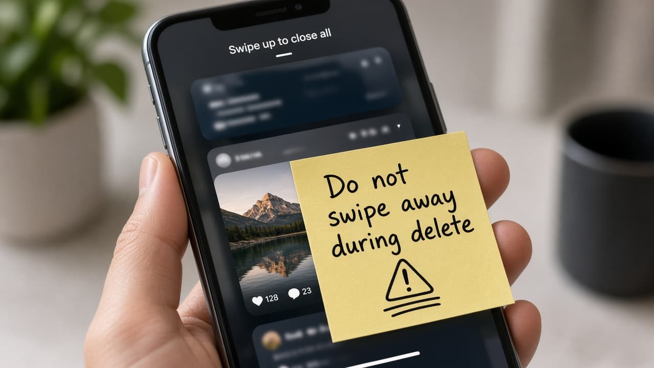 Phone app switcher with TikTok marked do not swipe away during delete