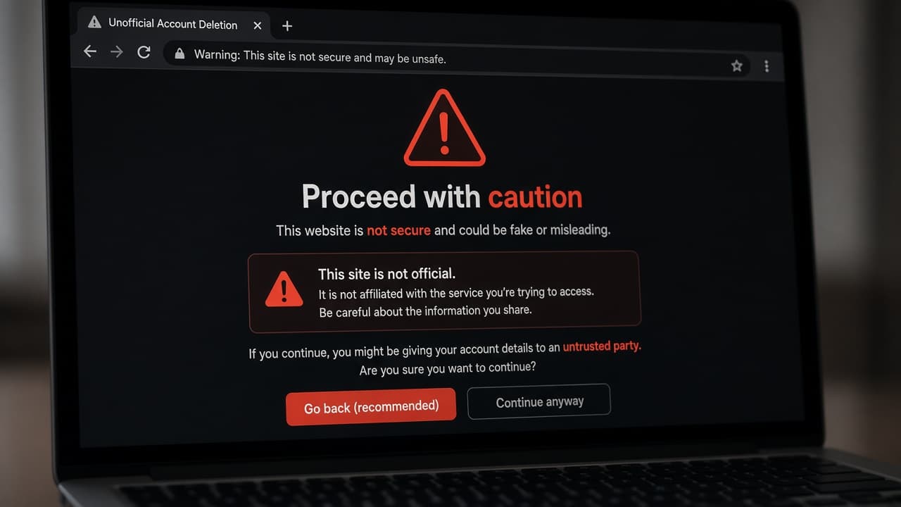 Browser warning on an unofficial account deletion website