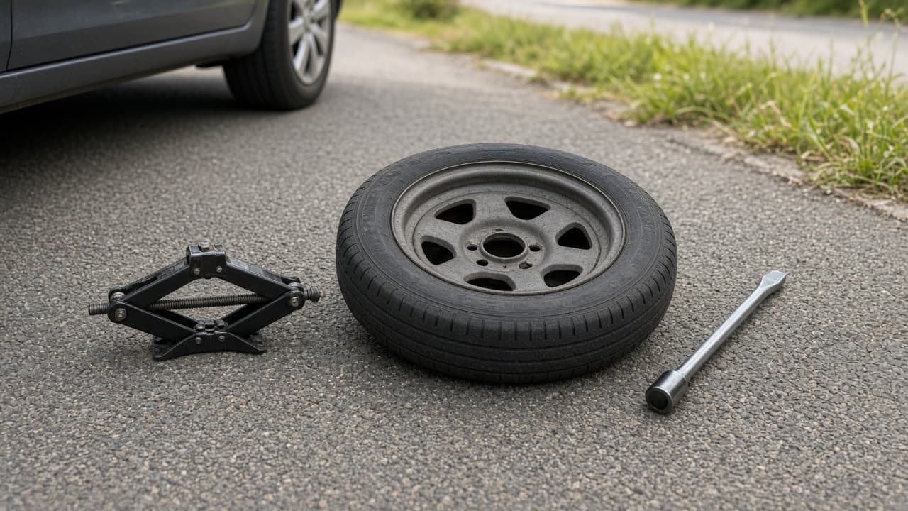 Driver placing a jack under a car on a safe shoulder with hazard lights on