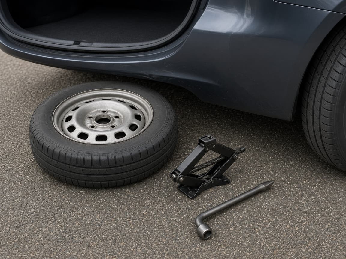 Wheel chock snug against a tire opposite the flat