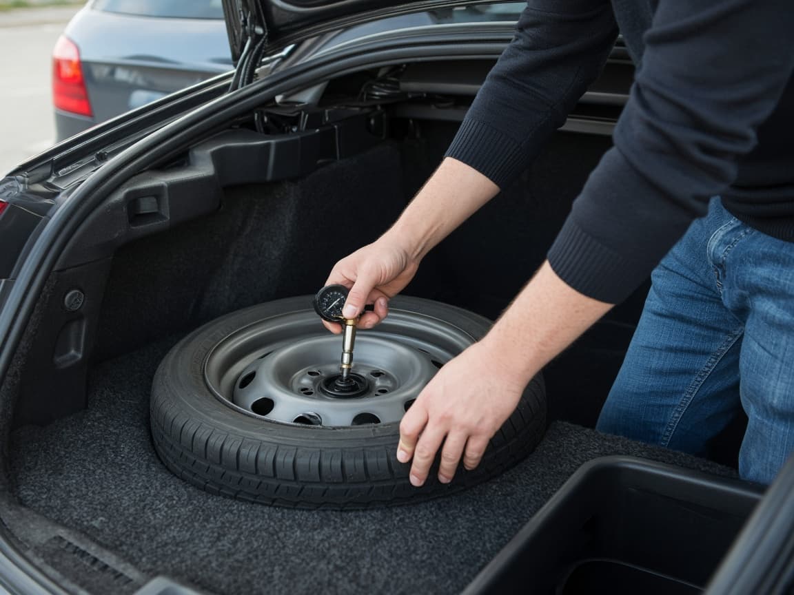 Spare jack and lug wrench staged by the flat tire