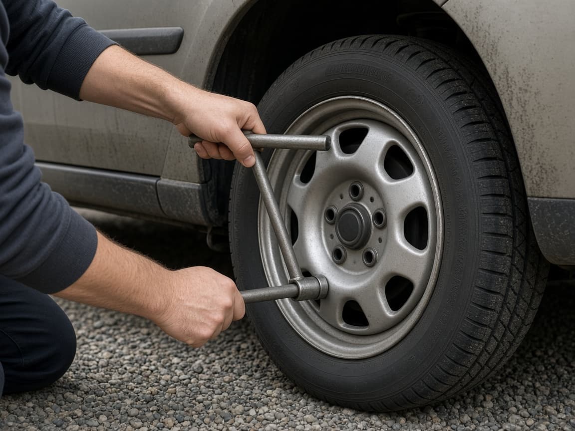 Lug wrench loosening nuts on a tire still on the ground