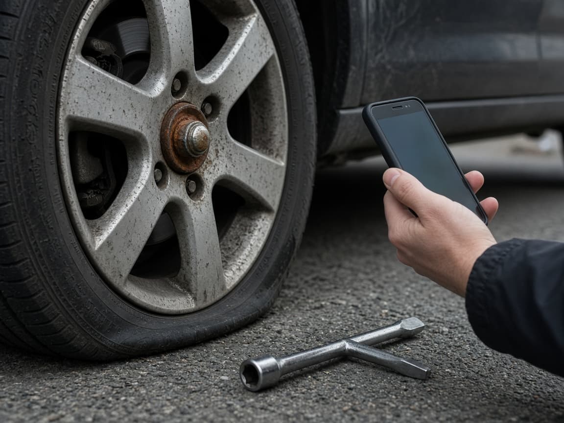 Stuck lug nut left alone with a phone ready for help