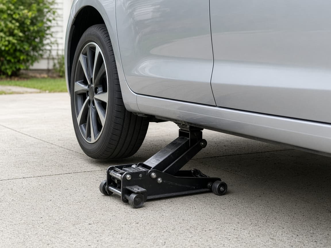 Jack correctly placed at a marked vehicle lift point
