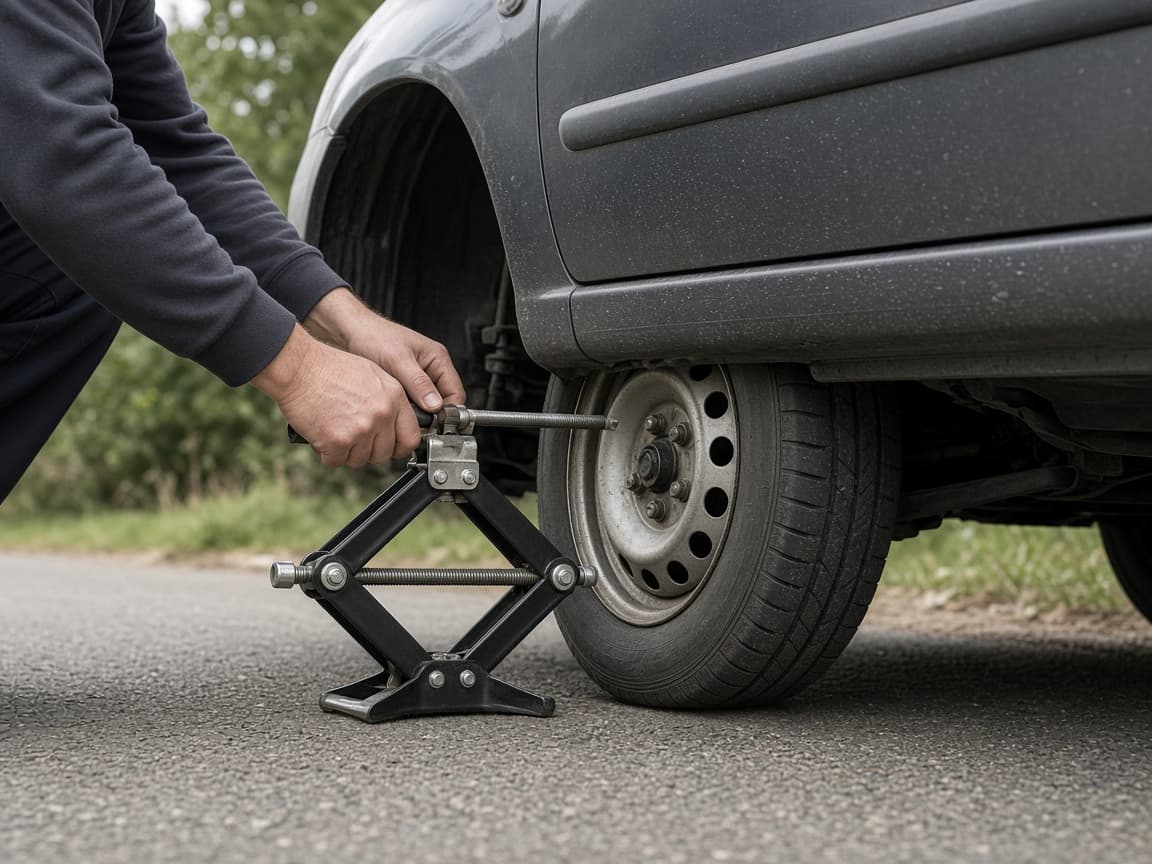Car raised just enough for the flat tire to clear