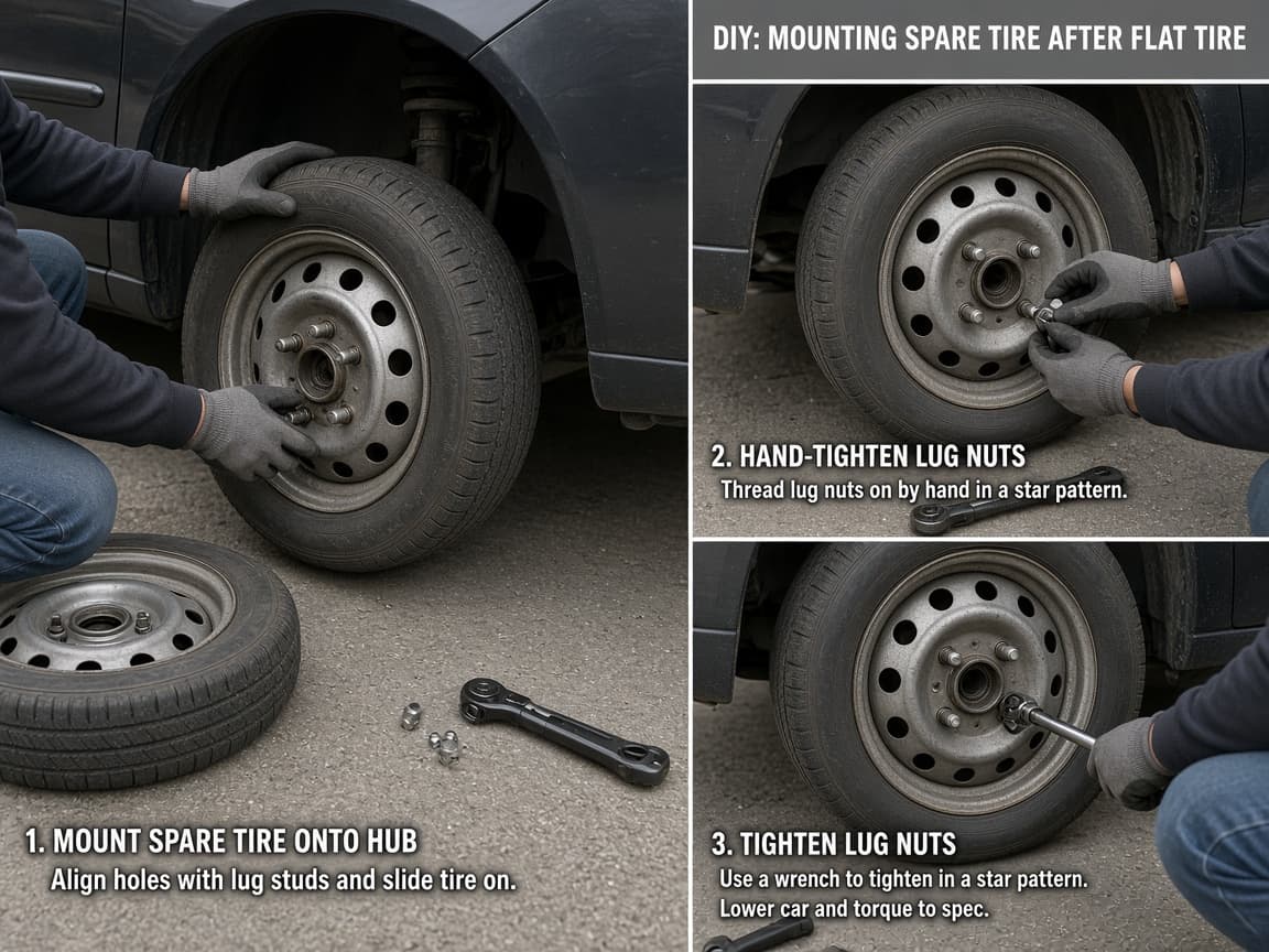 Spare tire on the hub with lug nuts tightened in a star pattern