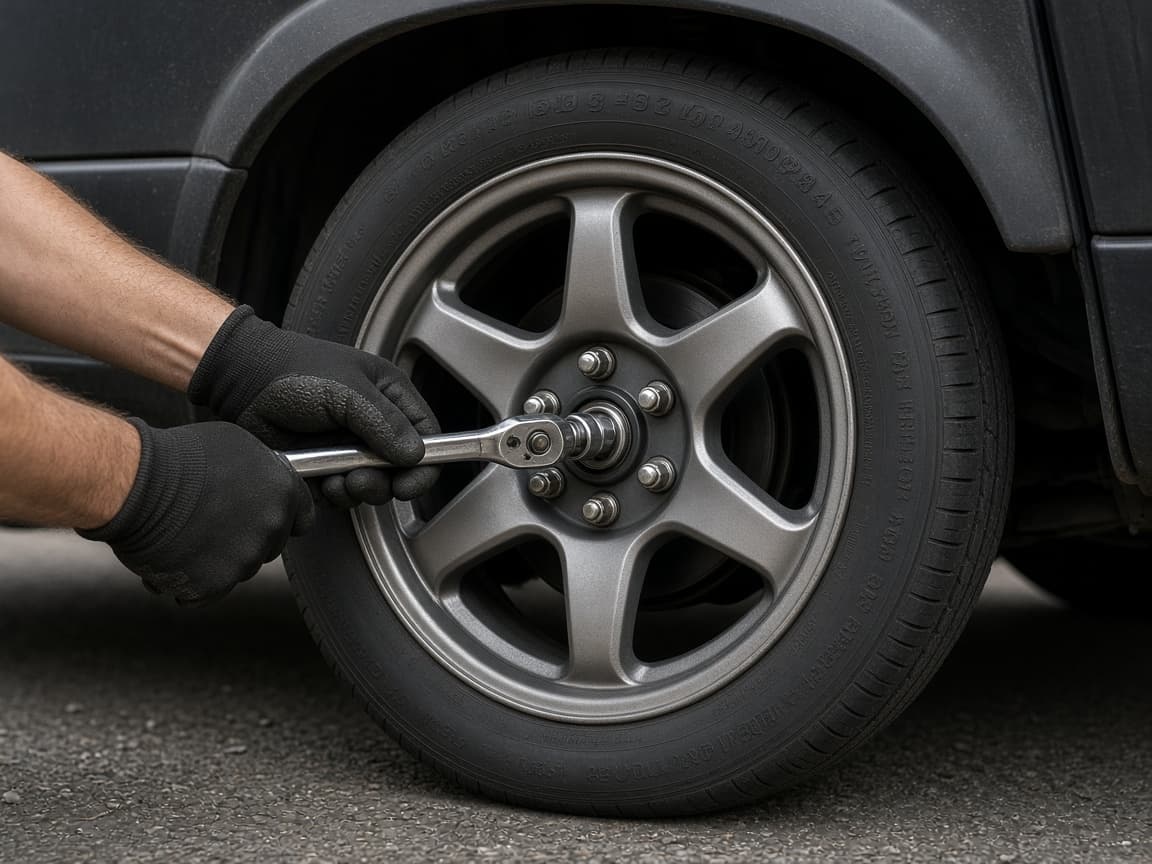 Car lowered onto a spare with final lug tightening underway