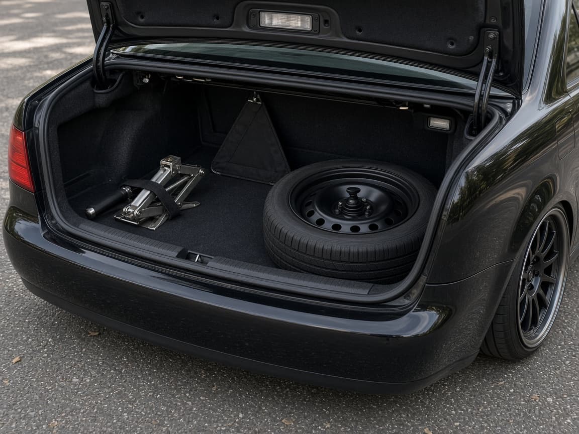 Flat tire secured in a trunk and a tire shop visit marked on a phone