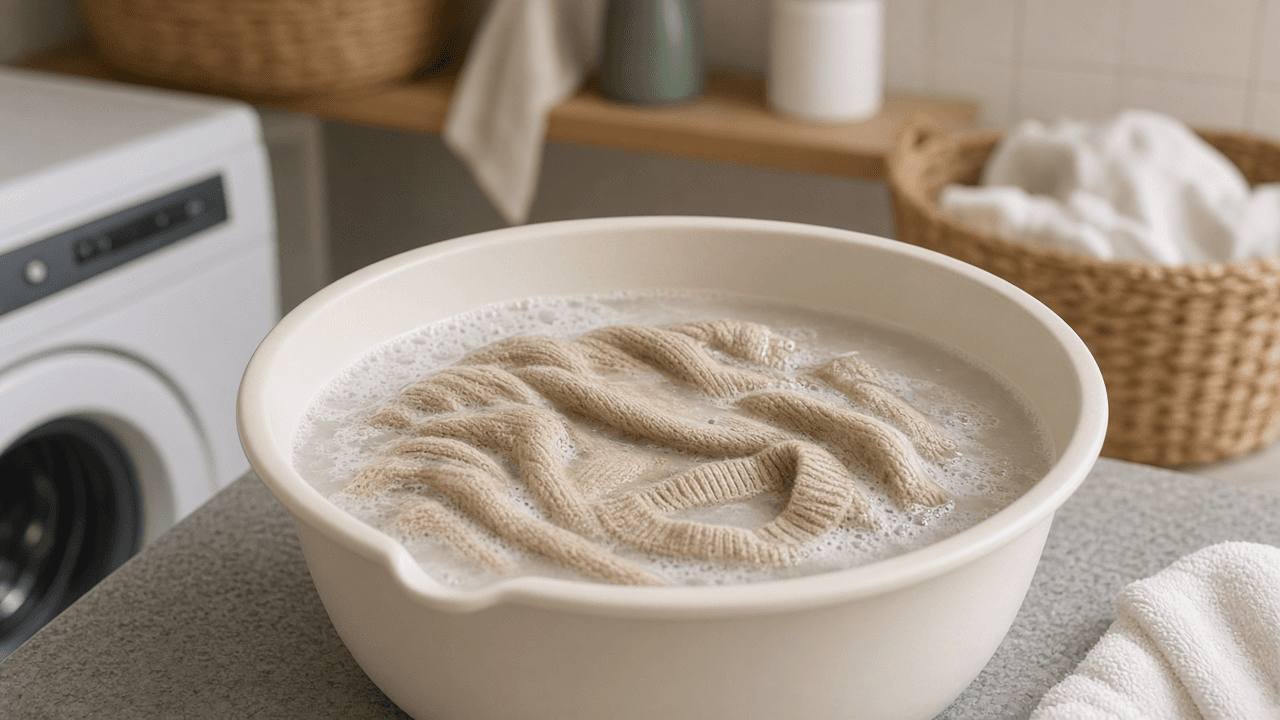 Shrunken sweater beside a basin of lukewarm water and a bottle of hair conditioner