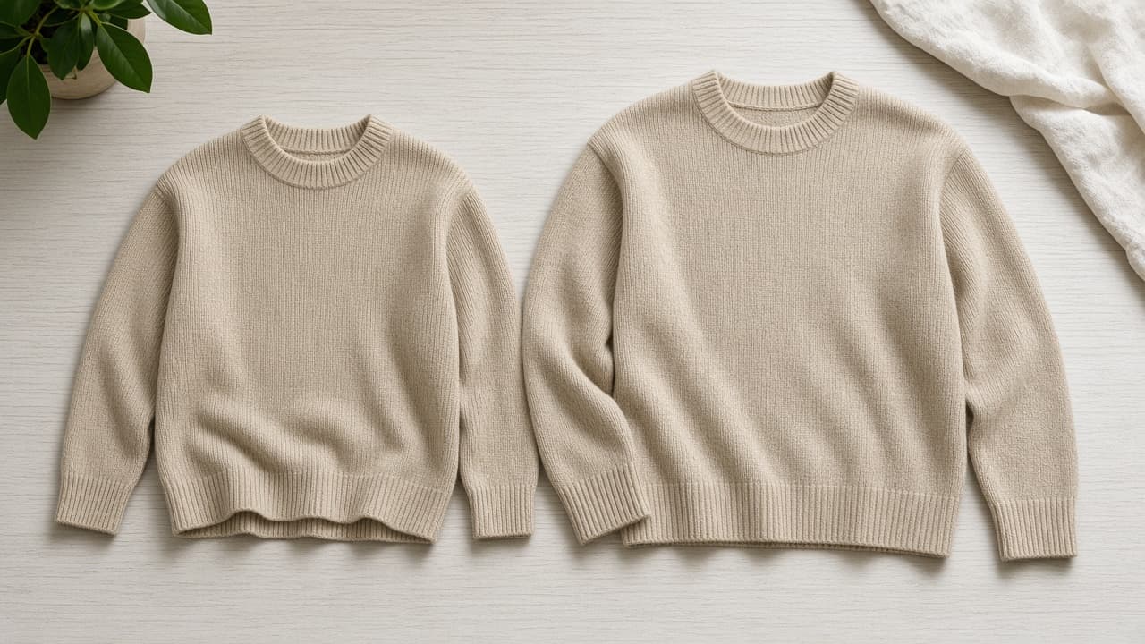Shrunken sweater laid flat next to a correctly sized sweater for comparison