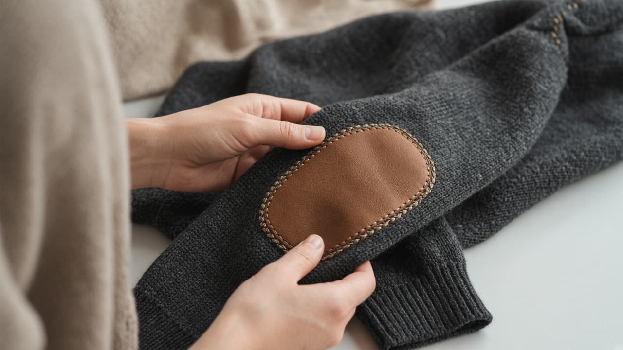 Close look at sweater seams, leather elbow patch and decorative trim