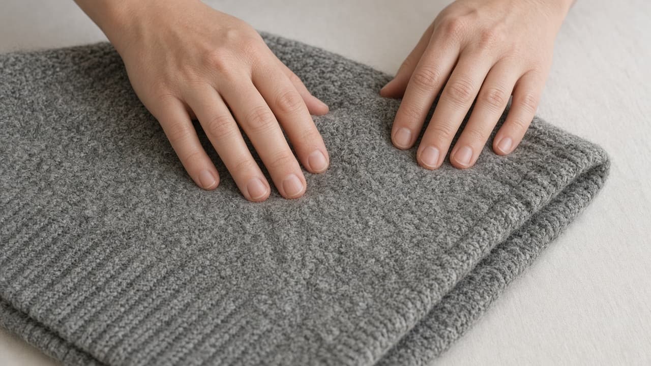 Hands pressing a stiff felted wool knit that will not stretch
