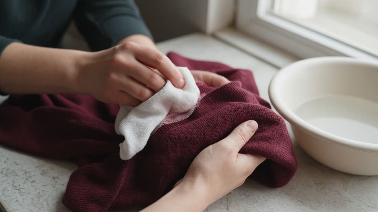 White cloth pressed to a hidden sweater seam after a dye test dab