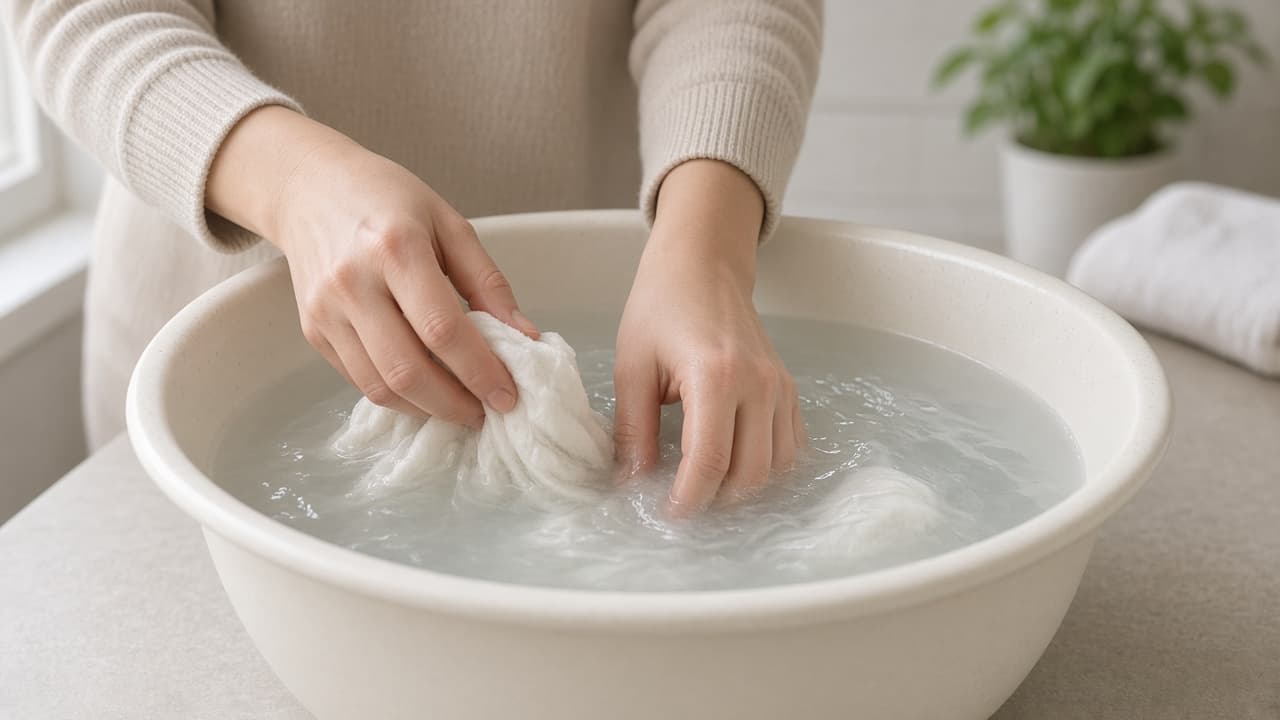 Hands swirling conditioner into a basin of lukewarm water