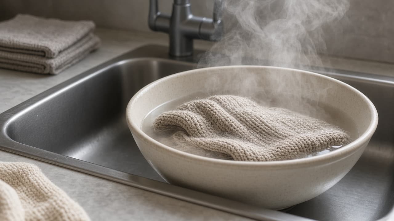 Steam rising from a too-hot basin marked as unsafe for wool