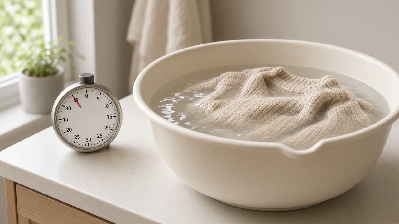 Kitchen timer set beside a sweater soaking calmly in a basin
