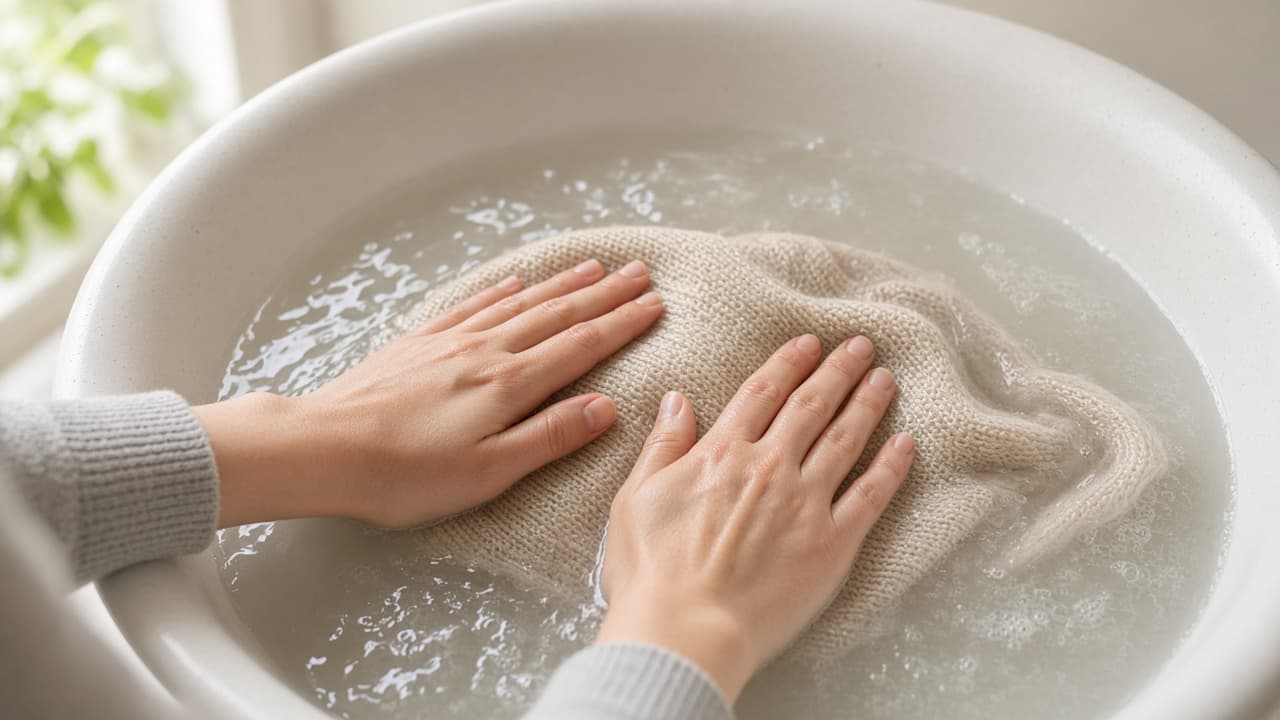 Open palms pressing a sweater under water without rubbing