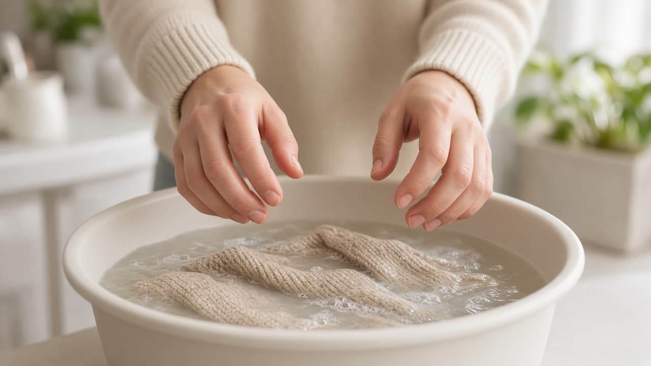 Hands stopping mid-scrub over a soak basin