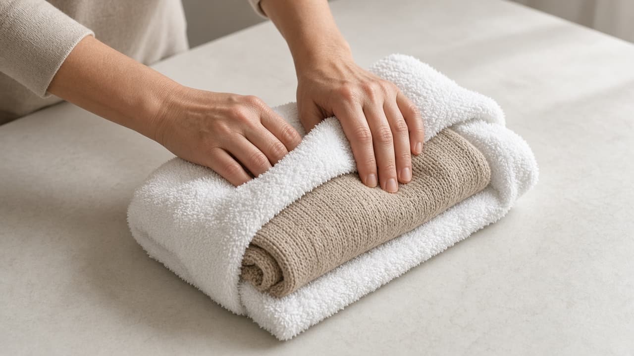 Sweater rolled inside a clean towel with palms pressing moisture out