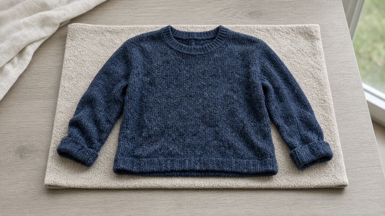 Damp sweater unrolled onto a dry towel ready for reshaping