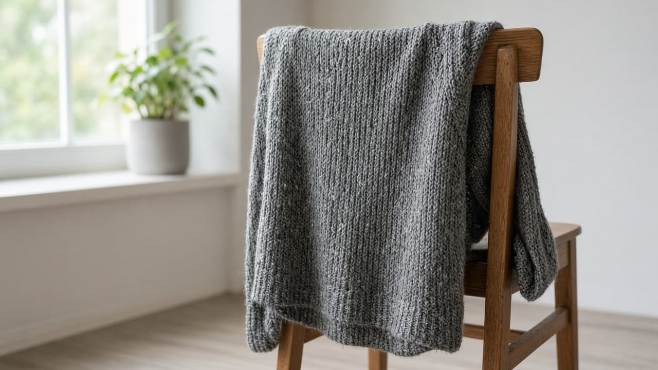 Sweater hanging from a chair back labeled as the wrong way to dry