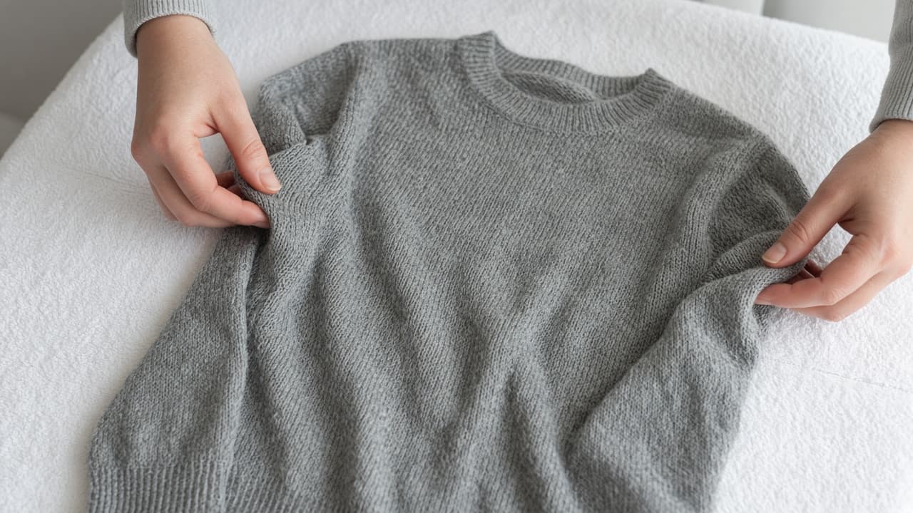 Hands easing opposite side seams of a damp sweater a few millimeters