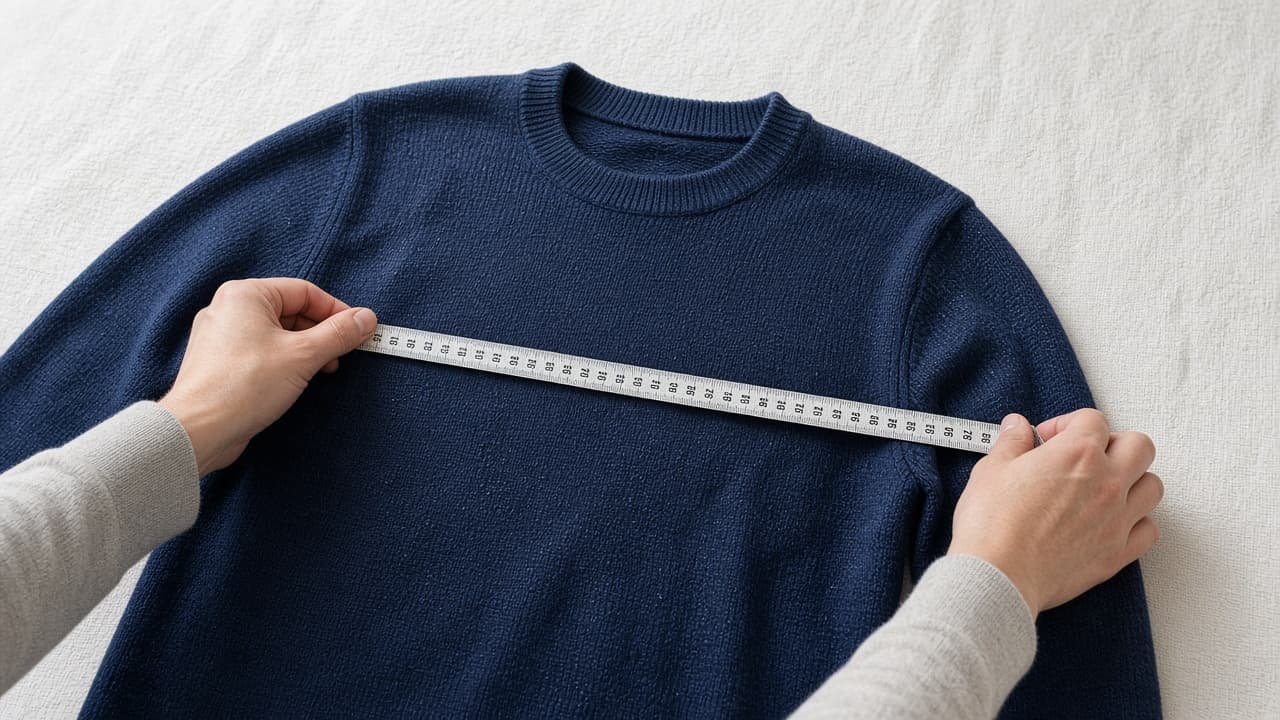 Measuring tape checking chest width on a damp reshaped sweater