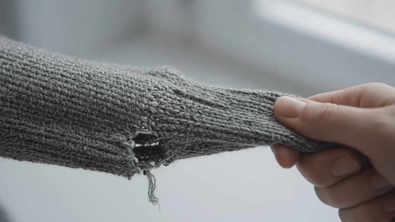 Stitches starting to open at a sweater hem after a hard pull