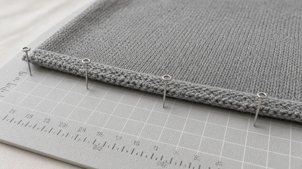 Rust-proof pins holding sweater edges to measured marks on a blocking mat