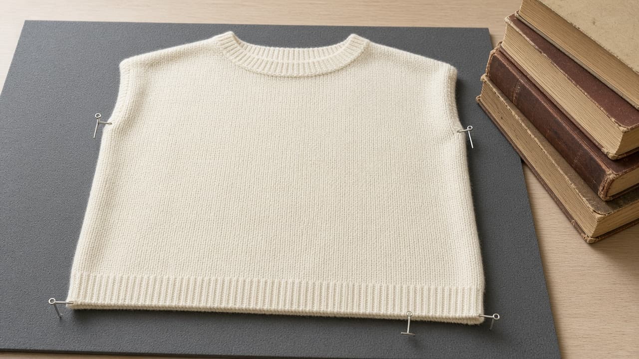 Light pins at sweater edges with heavy books set aside unused
