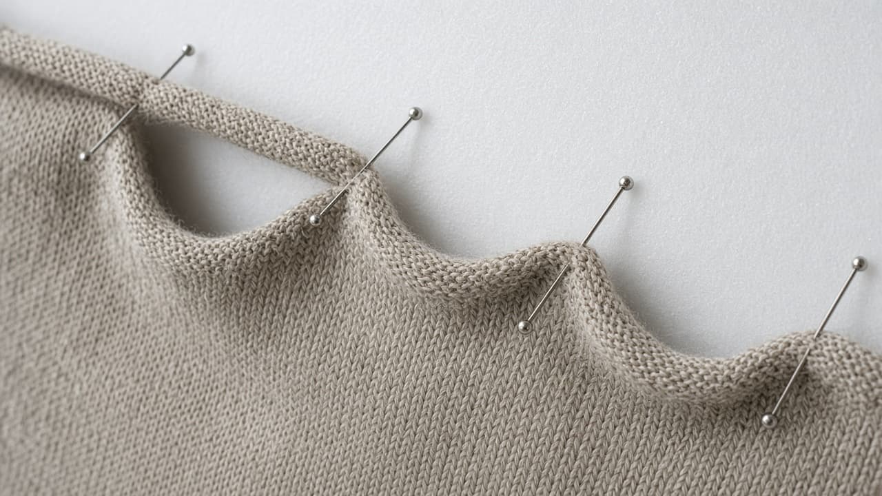 Sweater edge pulled into scallops between overstretched pins