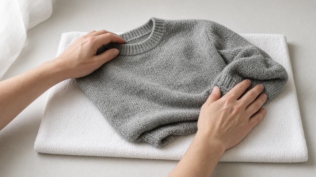 Hands turning a half-dry sweater onto a fresh clean towel