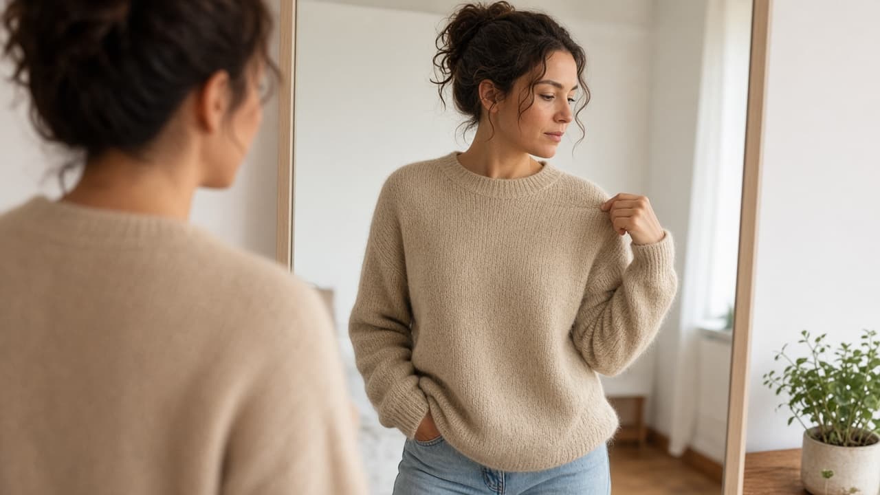 Person trying on a fully dry reshaped sweater in front of a mirror