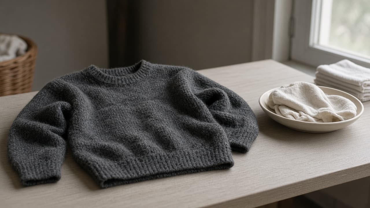 Felted sweater set aside after one careful attempt with a note to stop repeating