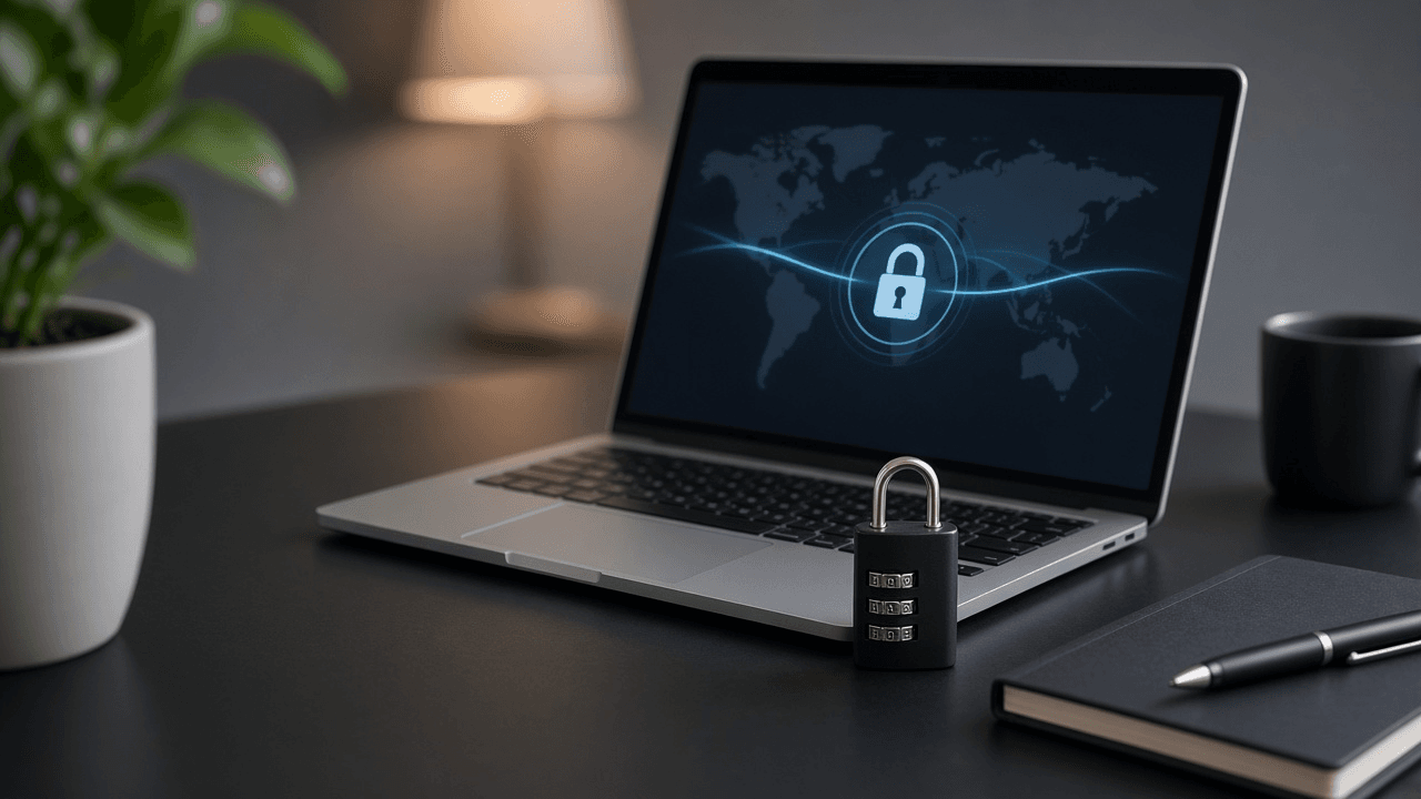 Laptop and smartphone both showing a VPN app connected with a green shield icon