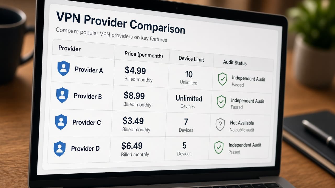 Comparison notes of VPN device limits and payment methods on a desk