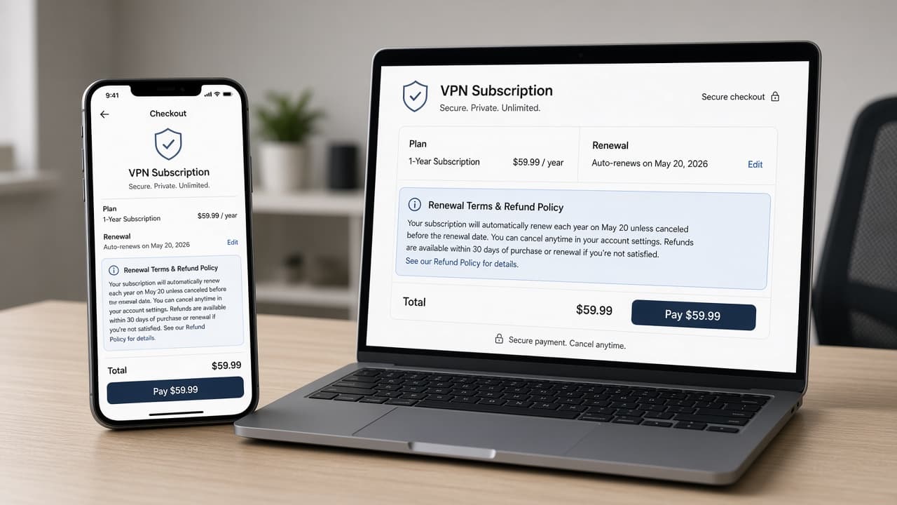 Subscription terms page showing renewal price and refund window
