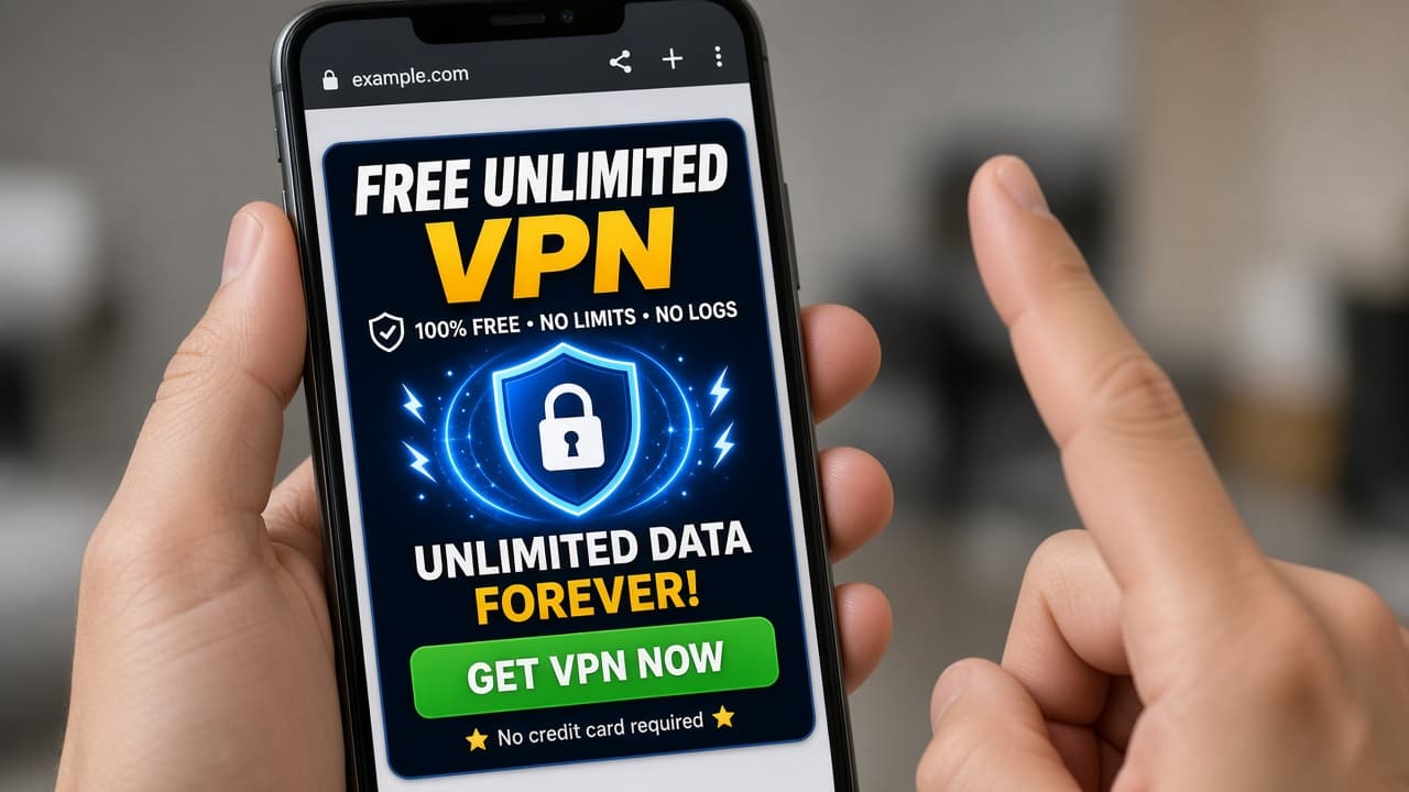 Browser pop-up advertising a free unlimited VPN with a sketchy download button