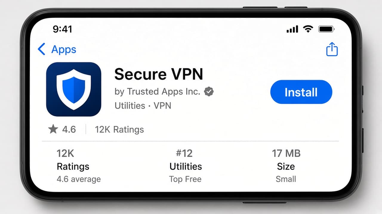 Phone installing a generic VPN app from an official app store listing