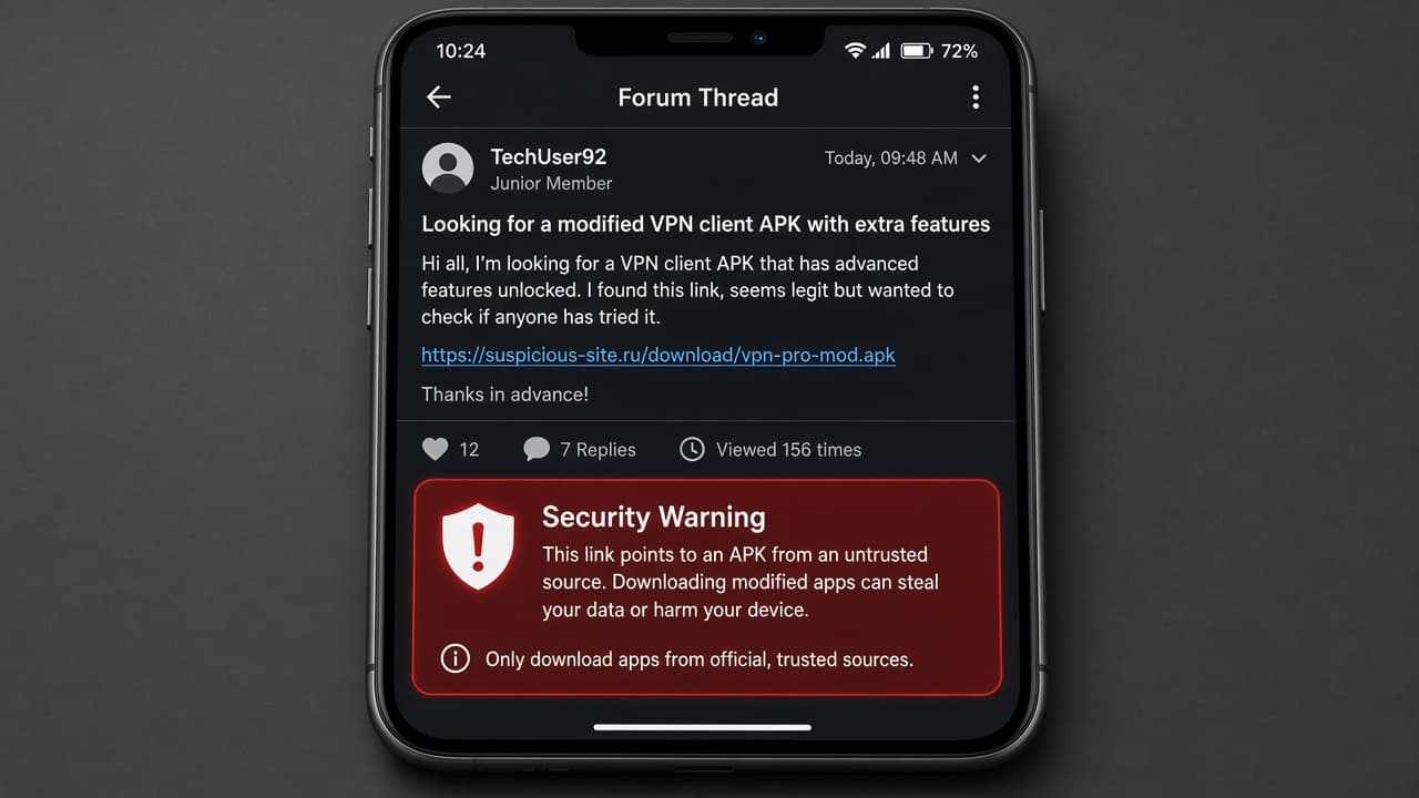 Phone browser open to an unofficial APK download page for a VPN