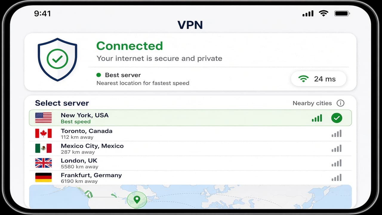 VPN app server list with a nearby city selected