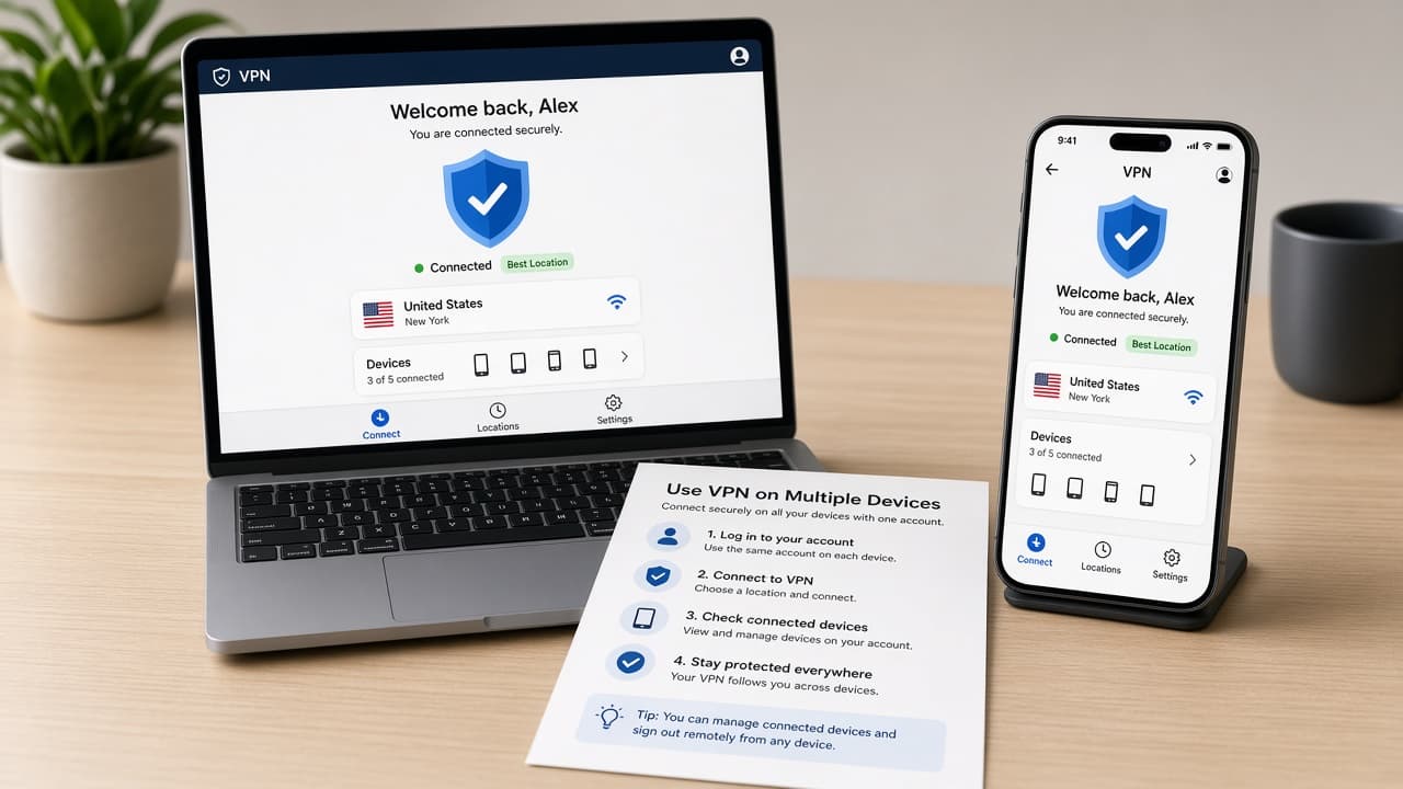 Laptop VPN app signed into the same account as a phone beside it