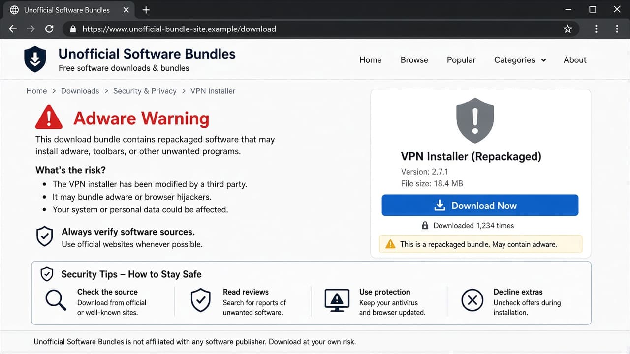 Warning page for an unofficial VPN installer download site