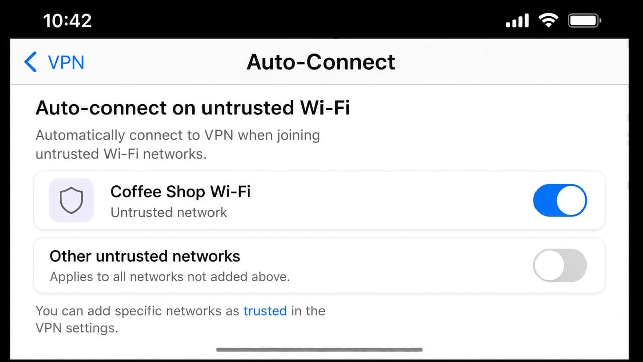 VPN settings toggle for auto-connect on untrusted Wi-Fi enabled