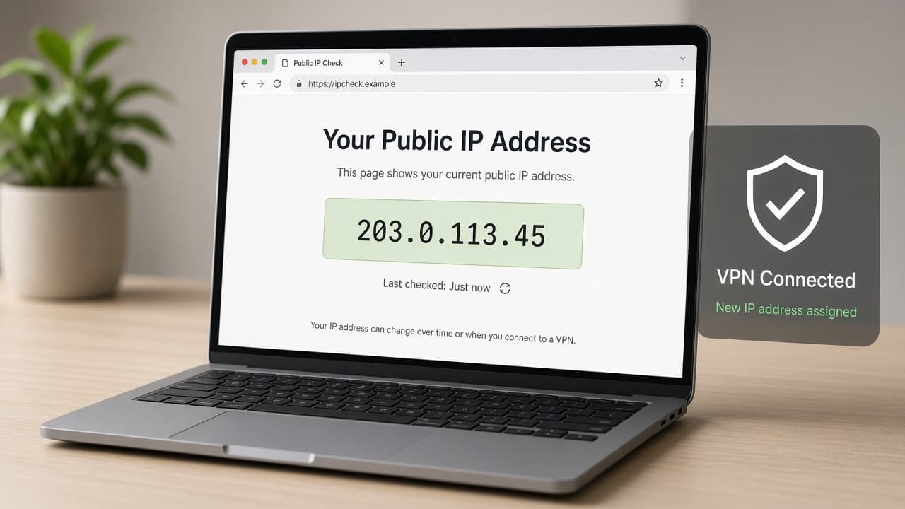 Two browser tabs showing different public IP addresses before and after VPN