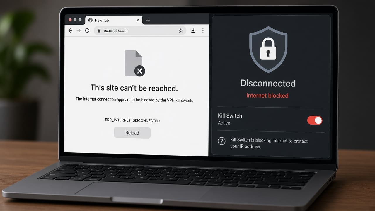 Laptop with kill switch enabled while testing that browsing stops if the tunnel drops