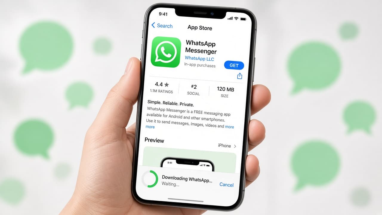 Smartphone on an app store page for WhatsApp Messenger ready to install