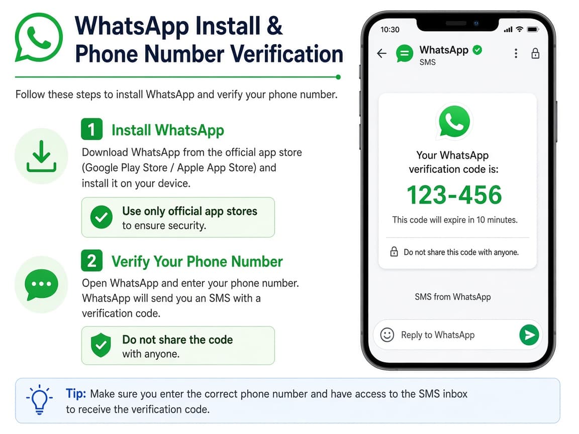 WhatsApp phone number entry screen waiting for SMS code