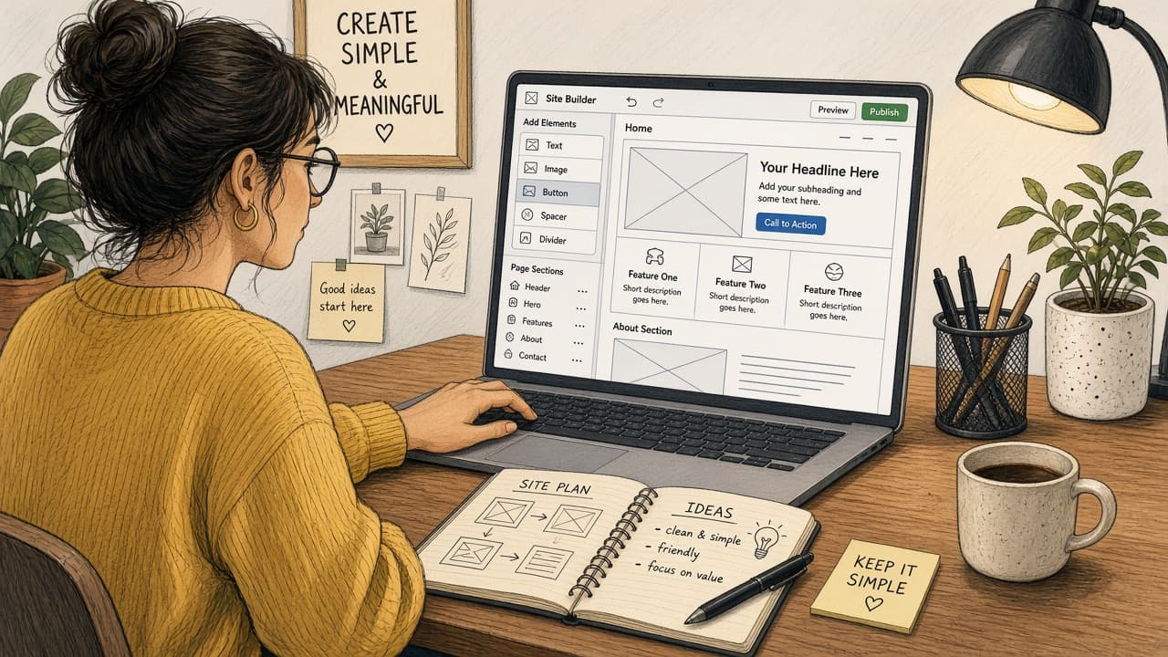 Laptop showing a simple one-page website editor with a live preview